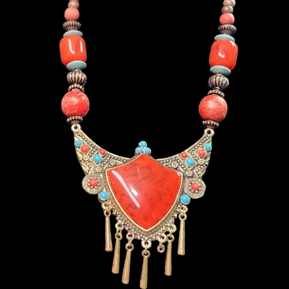 Vintage Beaded red and turquoise tribal necklace with large red stone - Picture 1 of 9